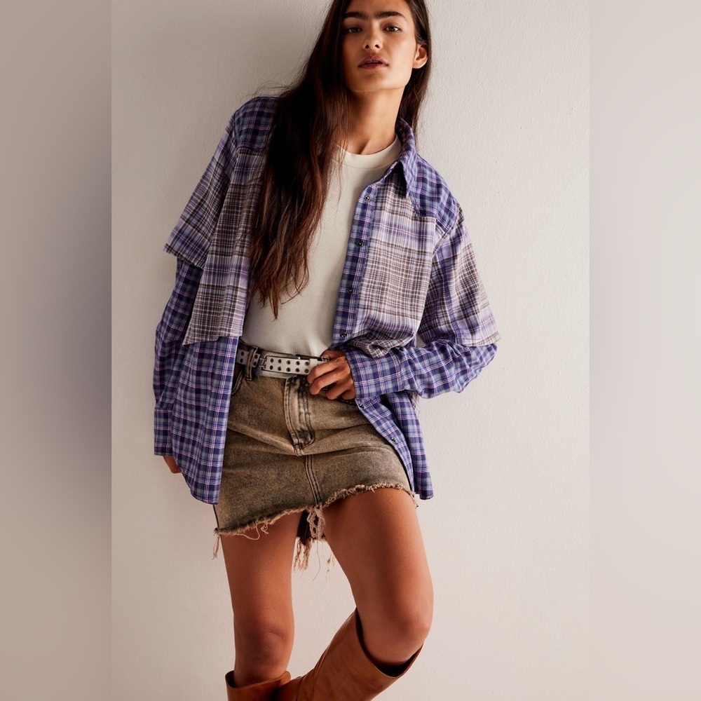 Free People Layer It Up Plaid Top XS - NWT